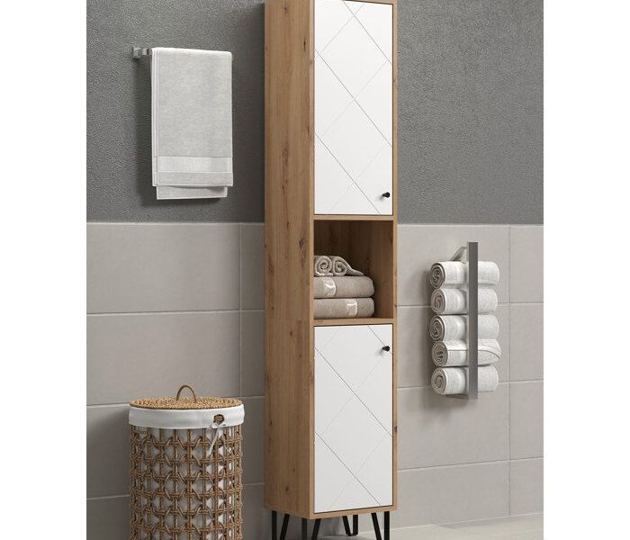 Tall Cabinet with Two Doors, TRENDTEAM Touch Series, White/Brown, 36 cm Long