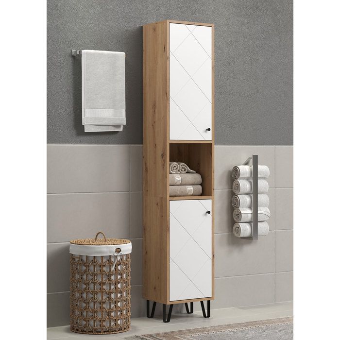 Tall Cabinet with Two Doors, TRENDTEAM Touch Series, White/Brown, 36 cm Long