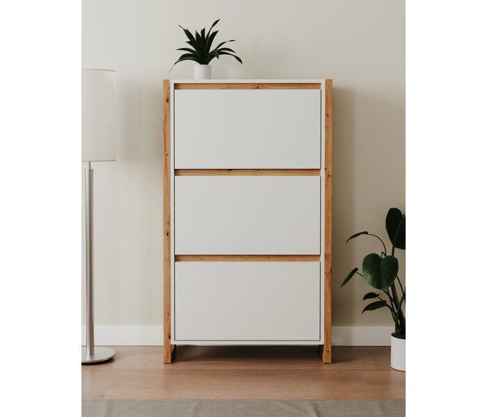 DENVER 49A Shoe Cabinet, White/Oak, 70 x 25 x 125 cm