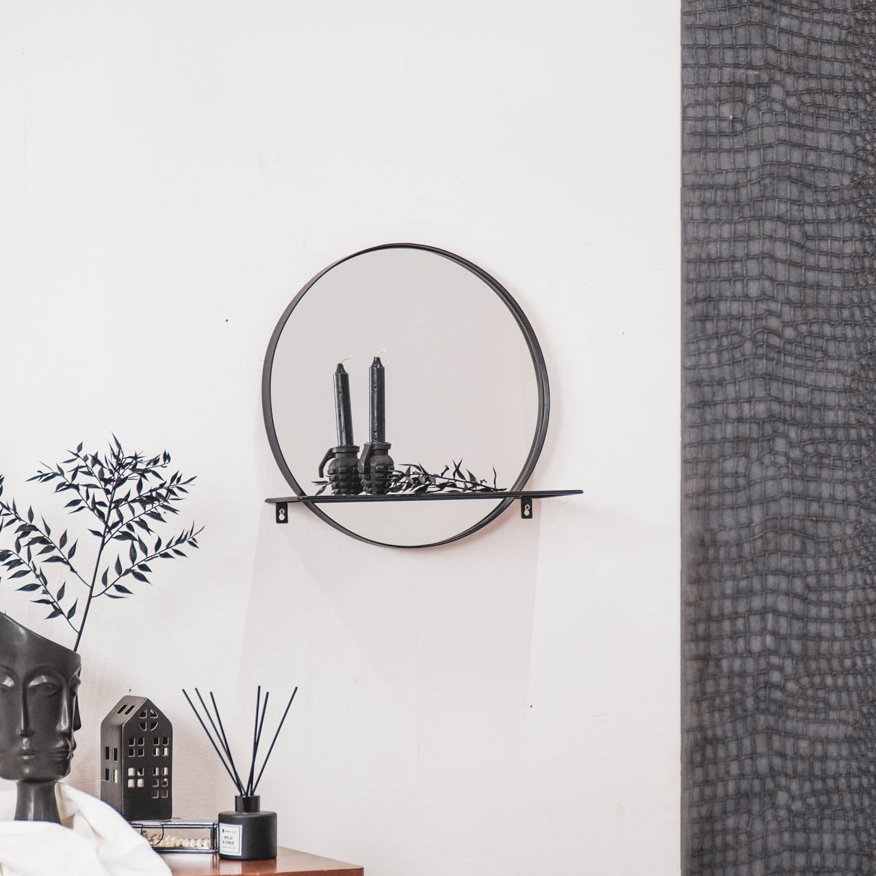 Mirror, Round, Metal, With Shelf, Black, Ø40cm — 4