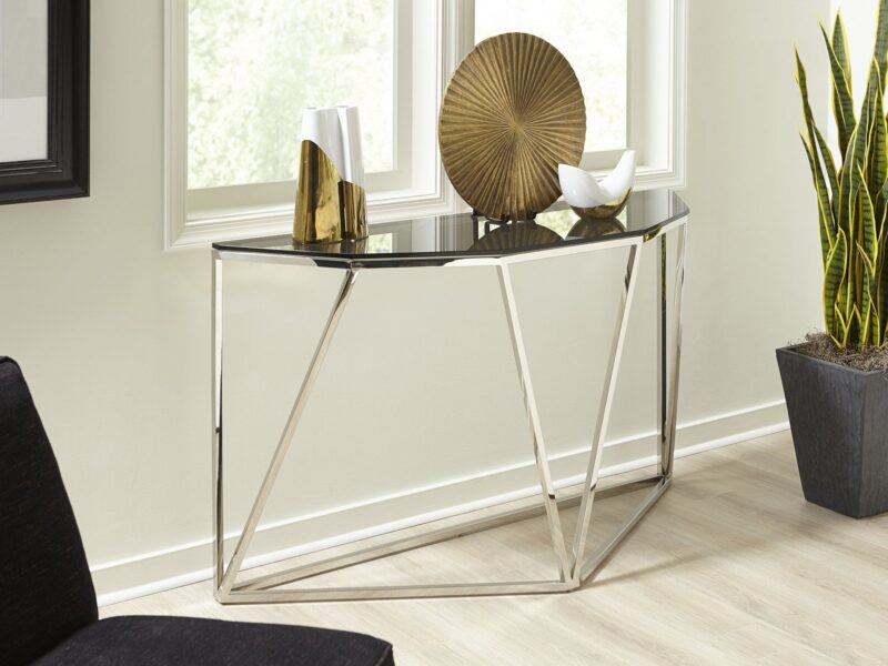 Aria Smoked Glass and Polished Stainless Steel Console Table