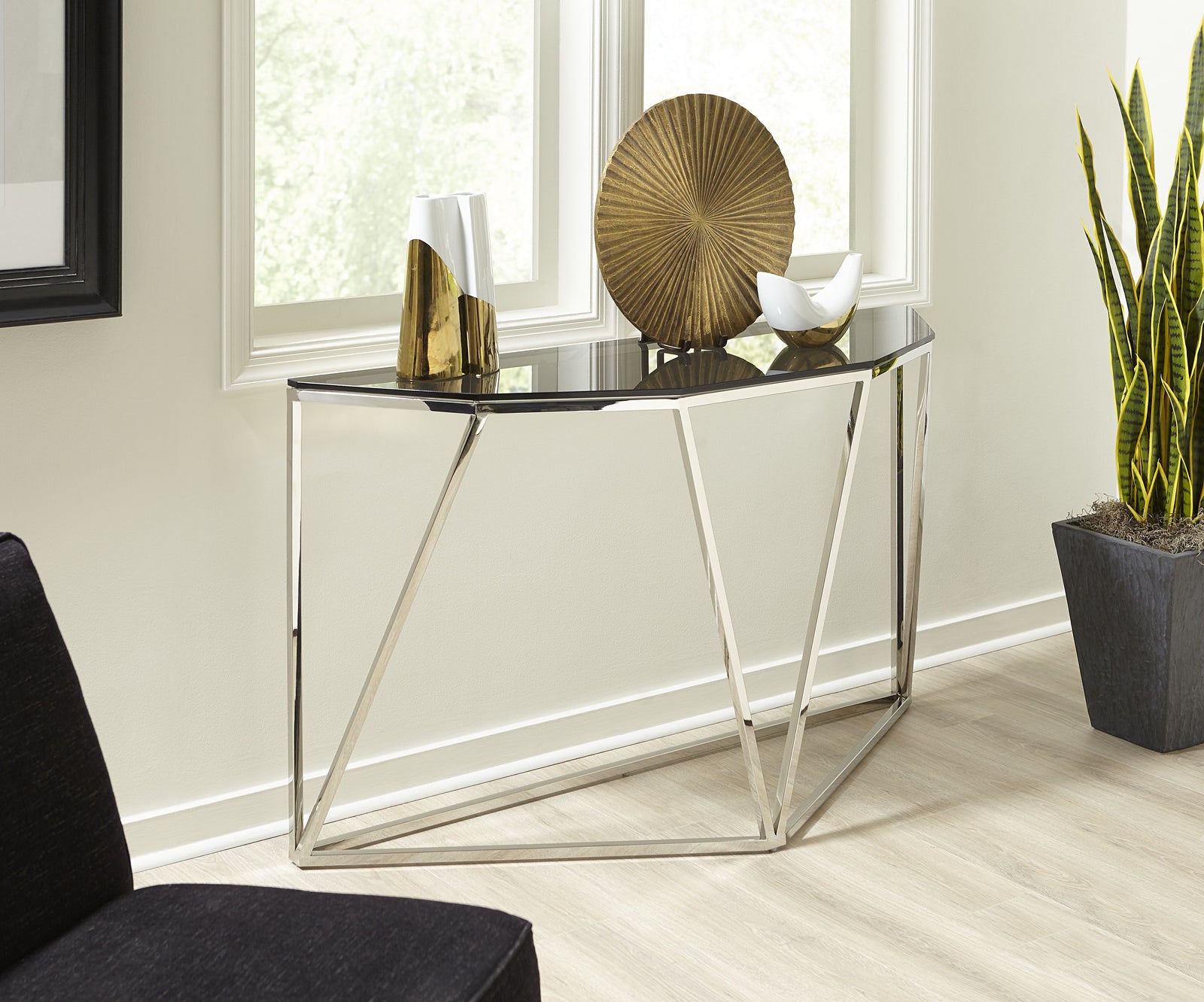 Aria Smoked Glass and Polished Stainless Steel Console Table