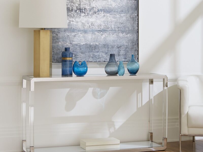 Jasper Console Table in Acrylic, White Glass and Polished Stainless Steel