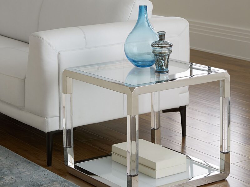 Jasper End Table in Acrylic, White Glass and Polished Stainless Steel