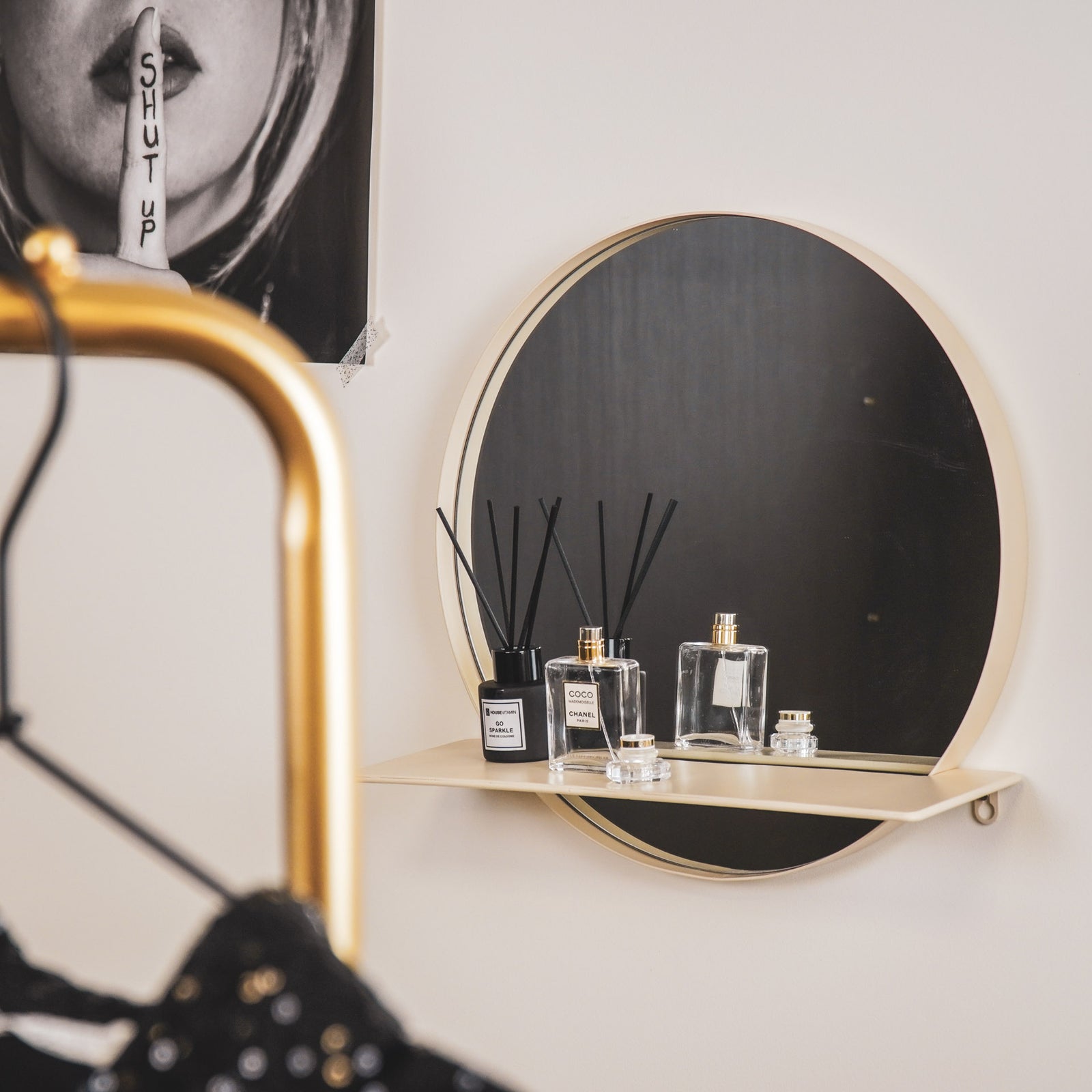 Mirror, Round, Metal, With Shelf, Sand, Ø40cm — 7